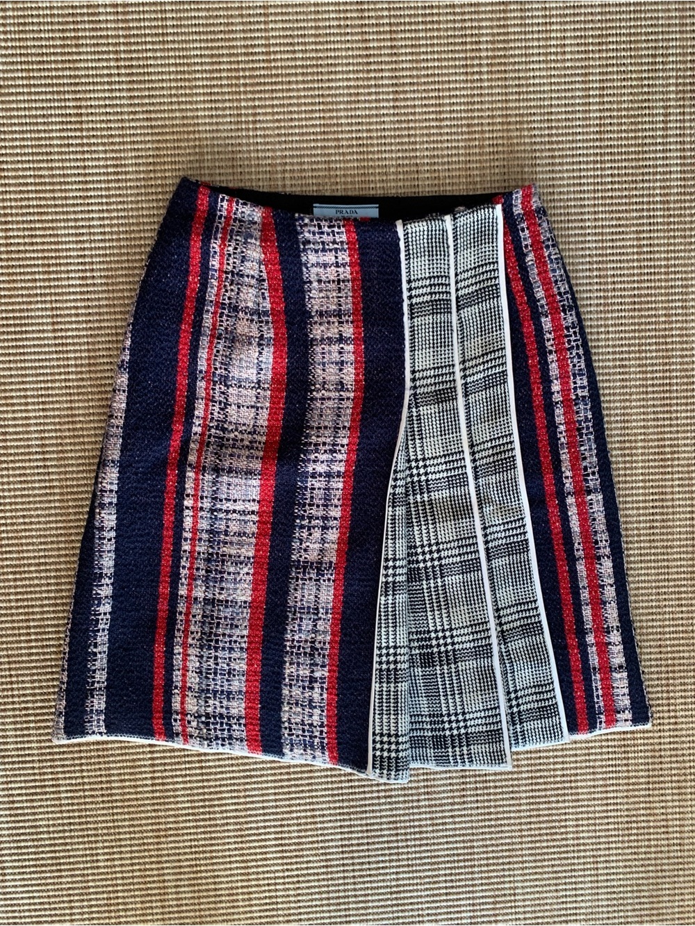 Prada SS 2016 Vintage Plaid Pleated Wool Cotton Silk Tweed Houndstooth Skirt